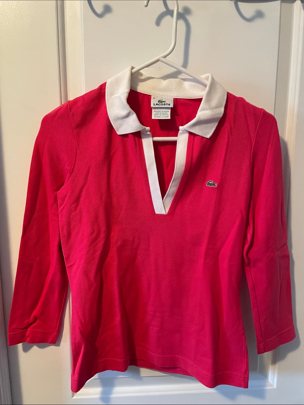Lacoste Hot Pink Long-Sleeve Polo with White Collar Sz 38 small